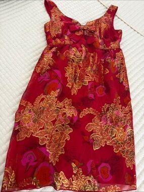 Vintage Anna Sui Red and Gold Floral Girls' Dress with Bow